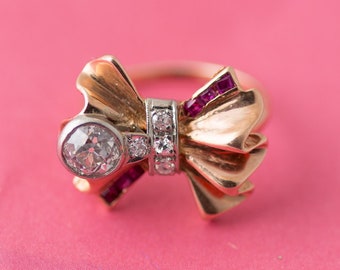 Stunning Old European Cut Diamond and Ruby Bow Rose Gold Ring