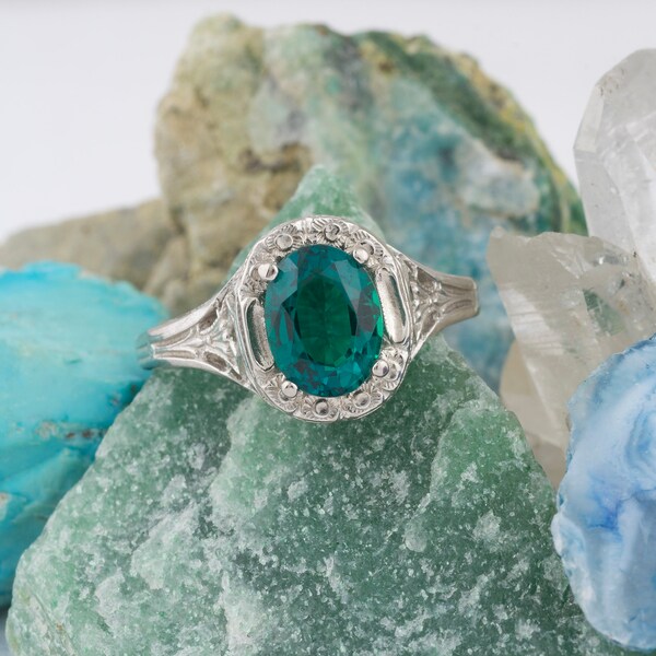 Vintage Style Filigree Solitaire Ring with Lab Created Oval Emerald in White Gold
