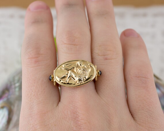 Beautiful Carved Lady Signet Ring with Sapphires - image 7