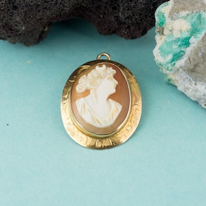 Yellow Gold Carved Shell Cameo Brooch with Hidden Bail