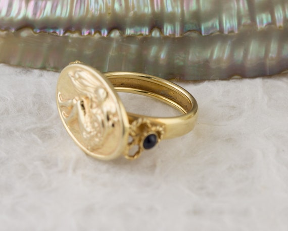 Beautiful Carved Lady Signet Ring with Sapphires - image 5