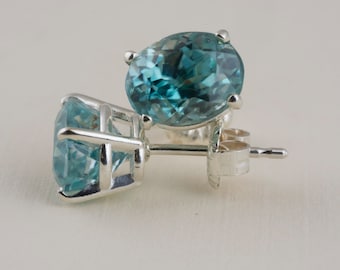 Oval Blue Zircon Stud Earrings in Sterling Silver // Rare and Beautiful Collection