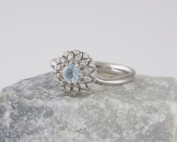 Vintage Style Aquamarine Ring with Double Halo of… - image 2