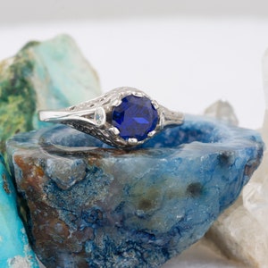 Vintage Style Filigree Design 14k White Gold Ring with Lab Created Sapphire and Diamond Accents