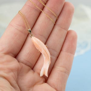 Pink Coral Koi Fish Pendant in 14k Yellow Gold - Carved Soft Pink and White Coral - Koi Fish Necklace - Unique Carved Pendant