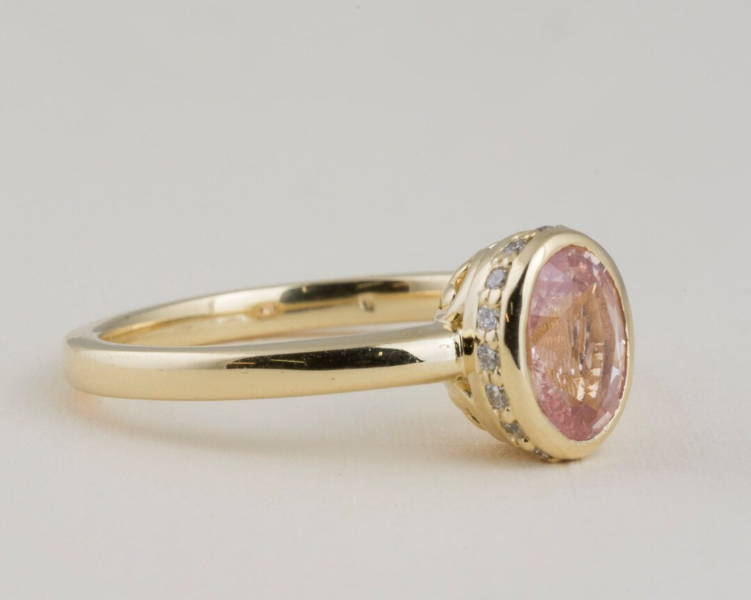 Pink Sapphire Bezel Ring With Diamond Accents in 14k Yellow Gold ...