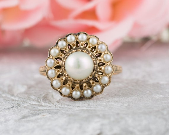 Vintage Seed Pearl Halo Fashion Ring in Yellow Gold - Etsy