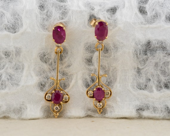 Ruby and Diamond Estate Dangle Stud Earrings - image 1