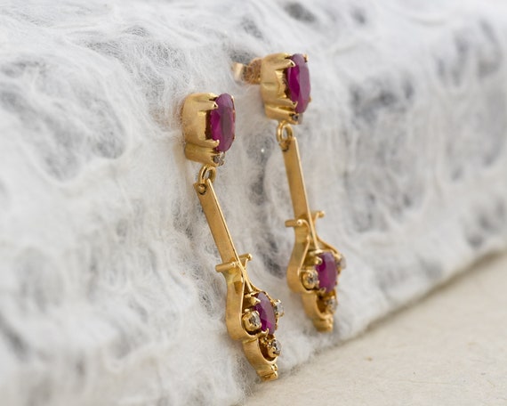 Ruby and Diamond Estate Dangle Stud Earrings - image 2