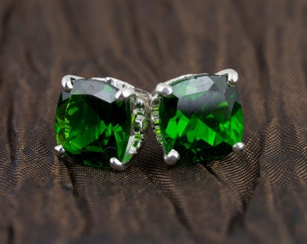Green Cushion Chrome Diopside Stud Earrings With Filigree in Sterling Silver // Rare and Beautiful Collection