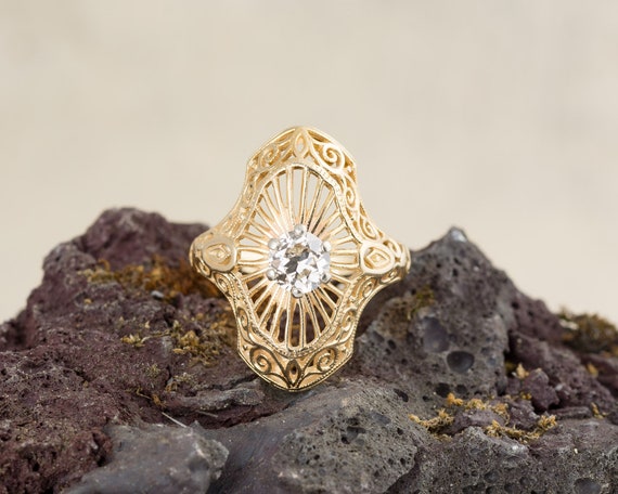 Open Filigree Elongated Solitaire Diamond Ring