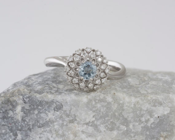 Vintage Style Aquamarine Ring with Double Halo of… - image 1