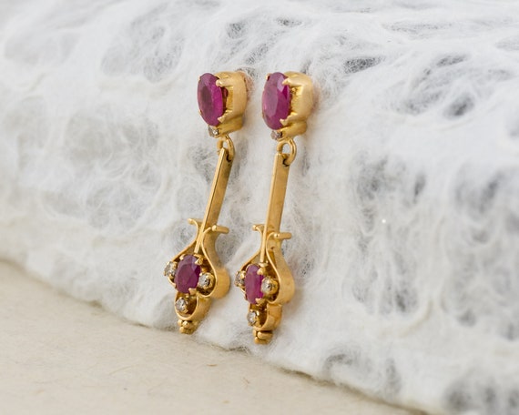 Ruby and Diamond Estate Dangle Stud Earrings - image 3