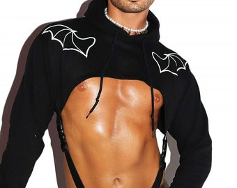 Bat Wing Harness Hoodie Strap Thong Bodysuit- Black