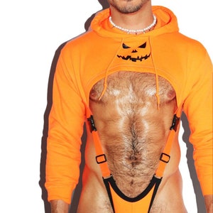 Pumpkin Harness Hoodie Strap Thong Bodysuit- Orange