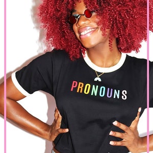 Pronouns Unisex Crop Ringer Tee- Black