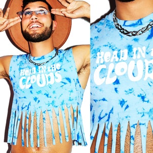 Head In The Clouds Tie Dye Fringe Crop Tank- Sky Blue