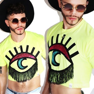 Moon Eye Fringe Crop Tee-Neon Yellow