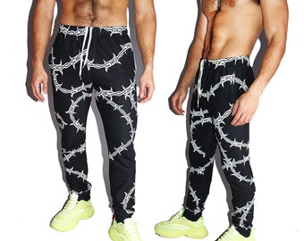 Barb Wire All Over Print Sweatpants- Black