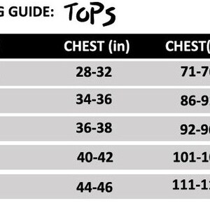 May include: Sizing guide for tops with chest measurements in inches and centimeters. Sizes include XS, S, M, L, and XL.