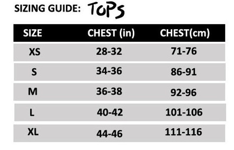 May include: Sizing guide for tops with chest measurements in inches and centimeters. Sizes include XS, S, M, L, and XL.