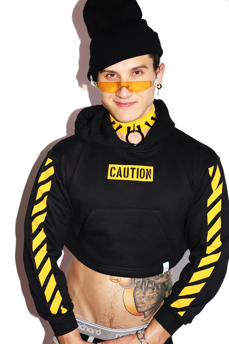 Caution Long Sleeve Hoodie Black Etsy UK