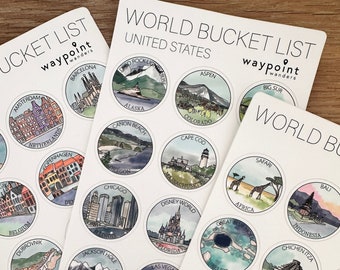 Feuille d'autocollants World Bucket List - Stickers vinyles de voyage du monde - Stickers bouteille d'eau - Sticker voiture - cadeau pour aventurier - cadeau fête des mères