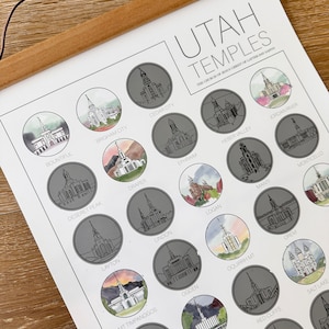 May include: A black and white illustration of the Utah Temples of The Church of Jesus Christ of Latter-day Saints. Each temple is depicted in a circle with a watercolor background.