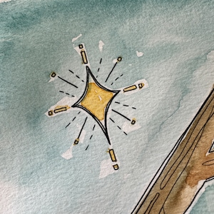 May include: A hand-painted watercolor illustration of a gold star with black outlines and a light blue background.