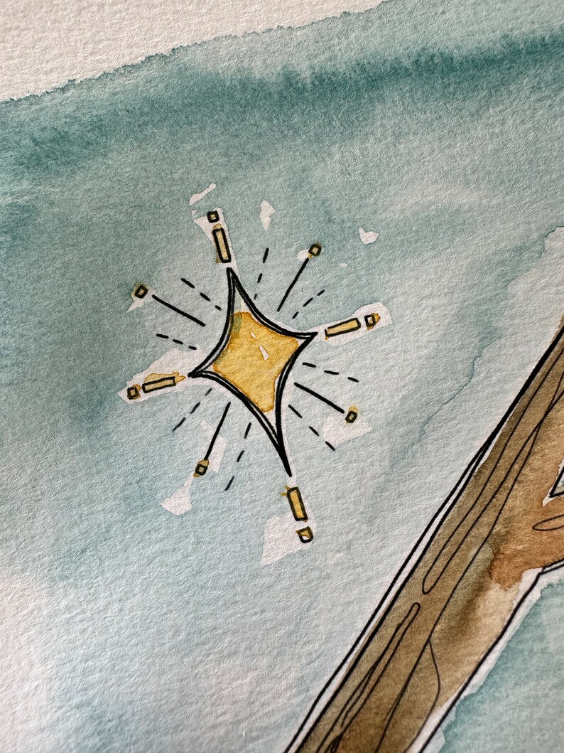 May include: A hand-painted watercolor illustration of a gold star with black outlines and a light blue background.