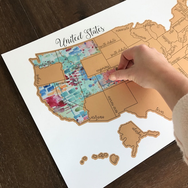 Holiday Sale Free Shipping - Watercolor Scratch Off Map - Teal Tinted Travels - United States of America (Made in USA )