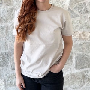 Puede incluir: Una camiseta gris claro de cuello redondo y mangas cortas.