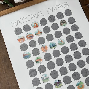 May include: A white poster with the title "National Parks" printed in black. The poster features a grid of 60 gray circles, each representing a different national park in the United States. Each circle contains a stylized illustration of a landscape feature from the park, such as a mountain, a canyon, or a forest.