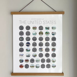 May include: A poster titled "50 State Bucket List" featuring illustrations of U.S. states. The poster is held by wooden bars and a brown string. The text "THE UNITED STATES" is at the top, with state names and images in gray circles.