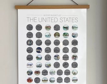Póster con lista de deseos para rascar de los 50 estados / Rastreador de viajes moderno por EE. UU. / Regalo de Navidad para él / Ideas de regalo para papá