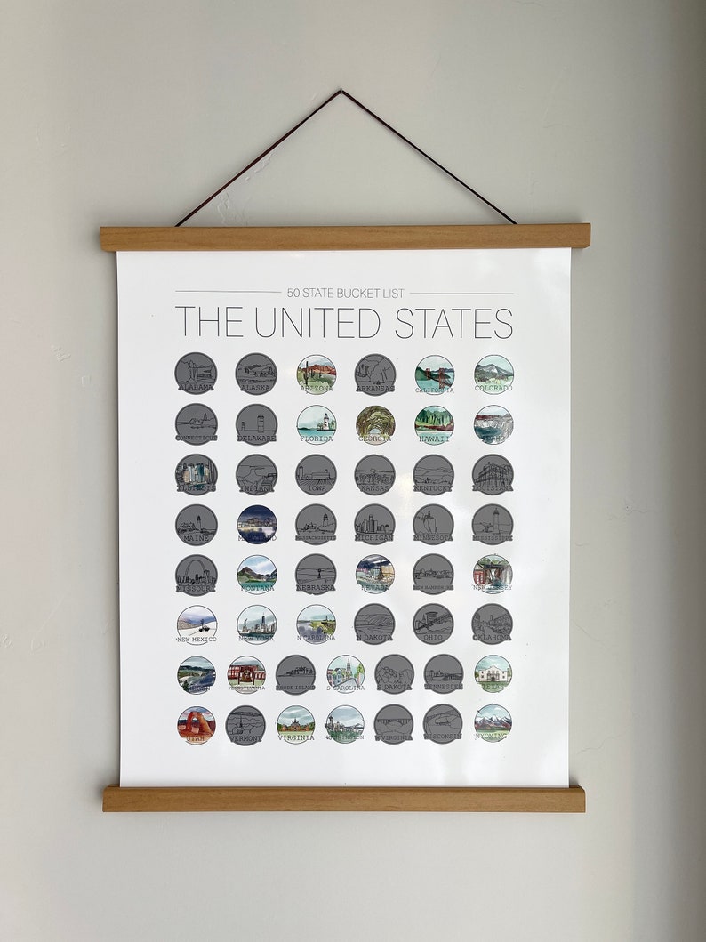 May include: A poster titled "50 State Bucket List" featuring illustrations of U.S. states. The poster is held by wooden bars and a brown string. The text "THE UNITED STATES" is at the top, with state names and images in gray circles.