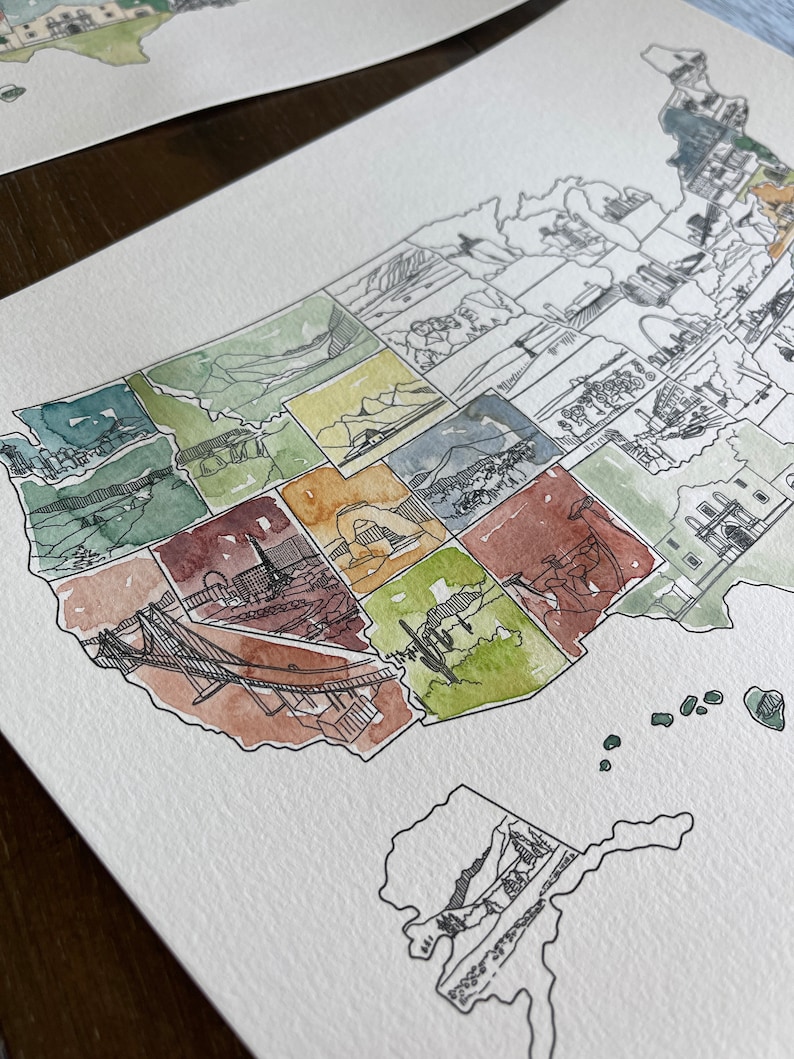 Op de afbeelding: Een aquarel schilderij van de Verenigde Staten van Amerika, verdeeld in staten, met in elke staat een herkenningspunt of symbool. Het schilderij is gemaakt in tinten groen, bruin en rood.