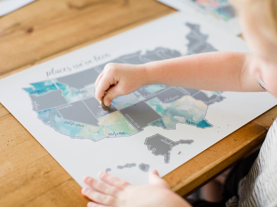 US Watercolor Scratch Off Map | Wall Decor | Family Memories Map | Travel Gift for Kid | Unique Gift Ideas for family | Gift Idea for Kids