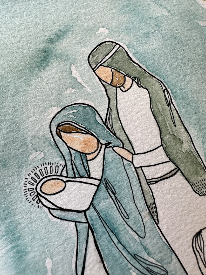 May include: Watercolor painting of the Holy Family. Mary is wearing a blue robe and holding a baby wrapped in white. Joseph is wearing a green robe and a white turban. The baby is surrounded by a halo of light.