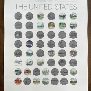 May include: A poster titled "50 State Bucket List" featuring illustrations of landmarks from each U.S. state. Each state is represented by a circular image with a unique design, set against a white background.