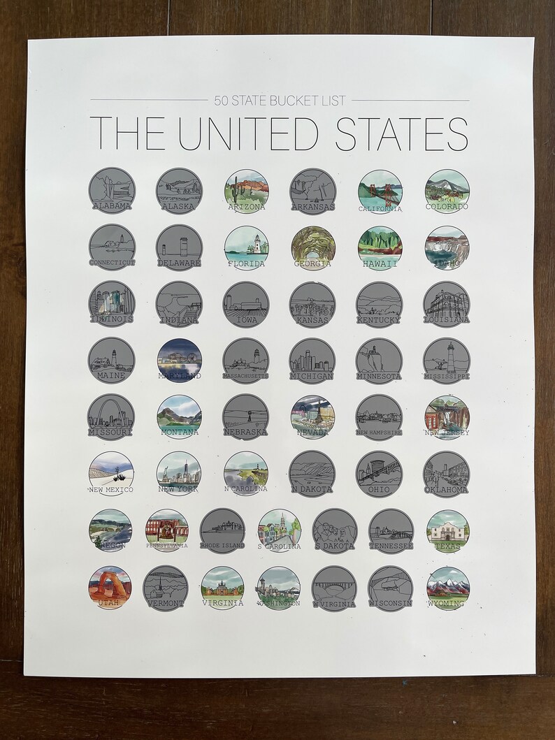 May include: A poster titled "50 State Bucket List" featuring illustrations of landmarks from each U.S. state. Each state is represented by a circular image with a unique design, set against a white background.