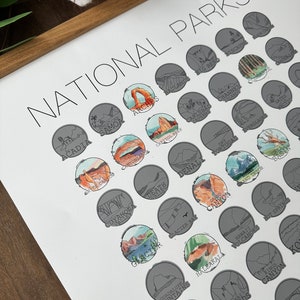 May include: A black and white illustration of national parks in the United States. Each park is represented by a circle with a unique illustration and the name of the park.