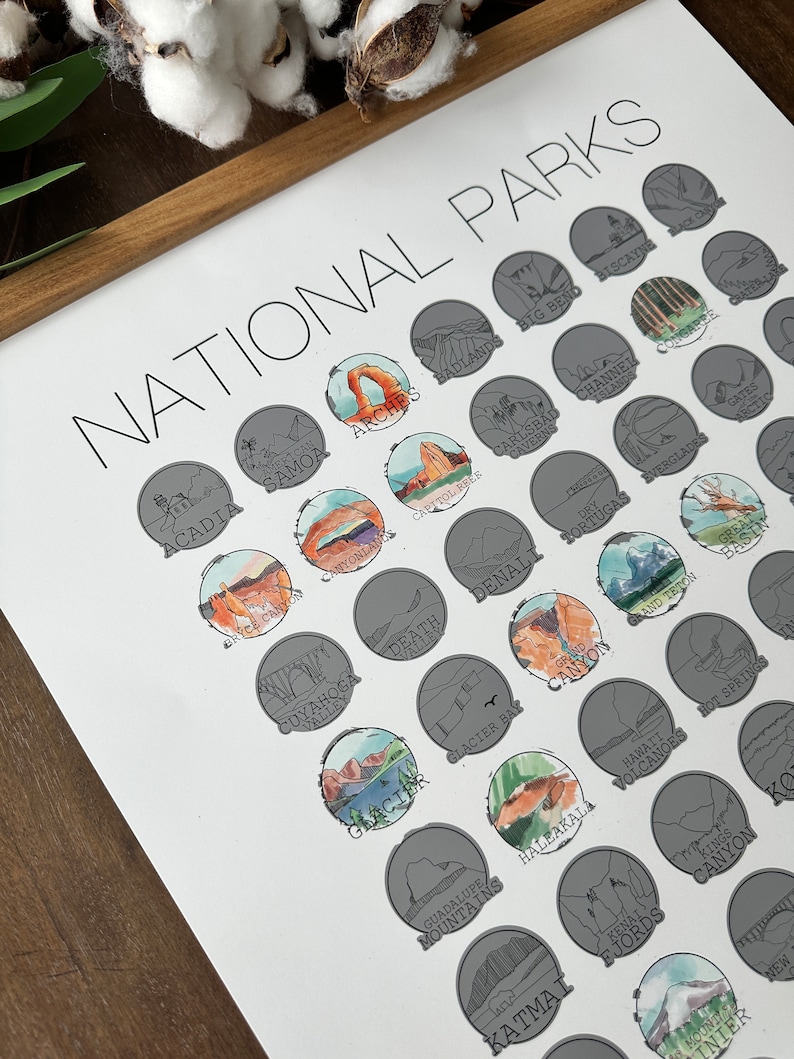 May include: A black and white illustration of national parks in the United States. Each park is represented by a circle with a unique illustration and the name of the park.