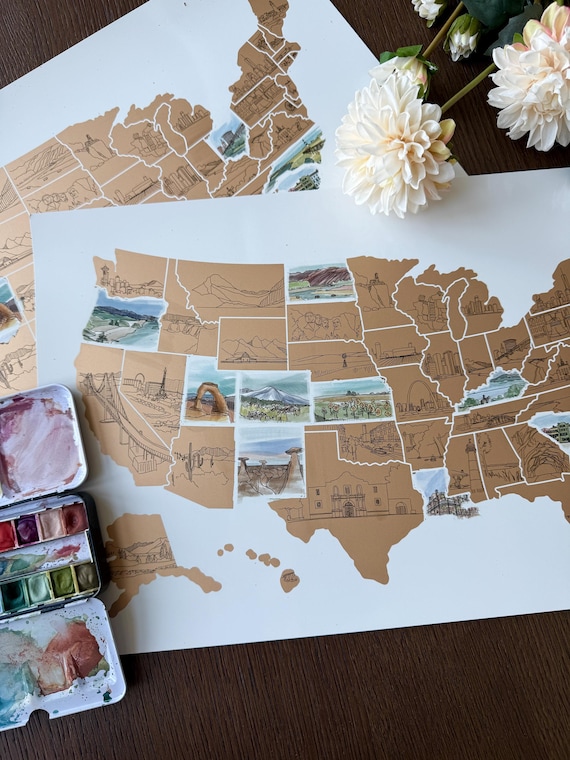 Watercolor Landmark US Scratch Off Map | USA Bucket List Map | Travel Map Wedding Gift | Mother's Day Gift Ideas | Unique Gift Under 30