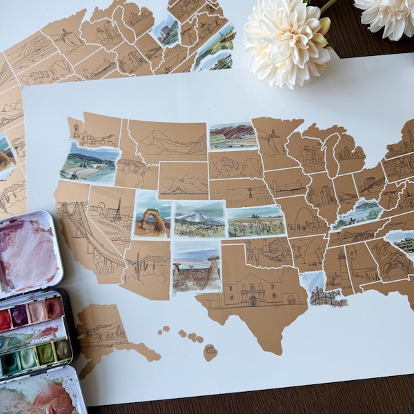 Watercolor US Scratch Off Map | Landmark Bucket List Travel Gift | Graduation Gift