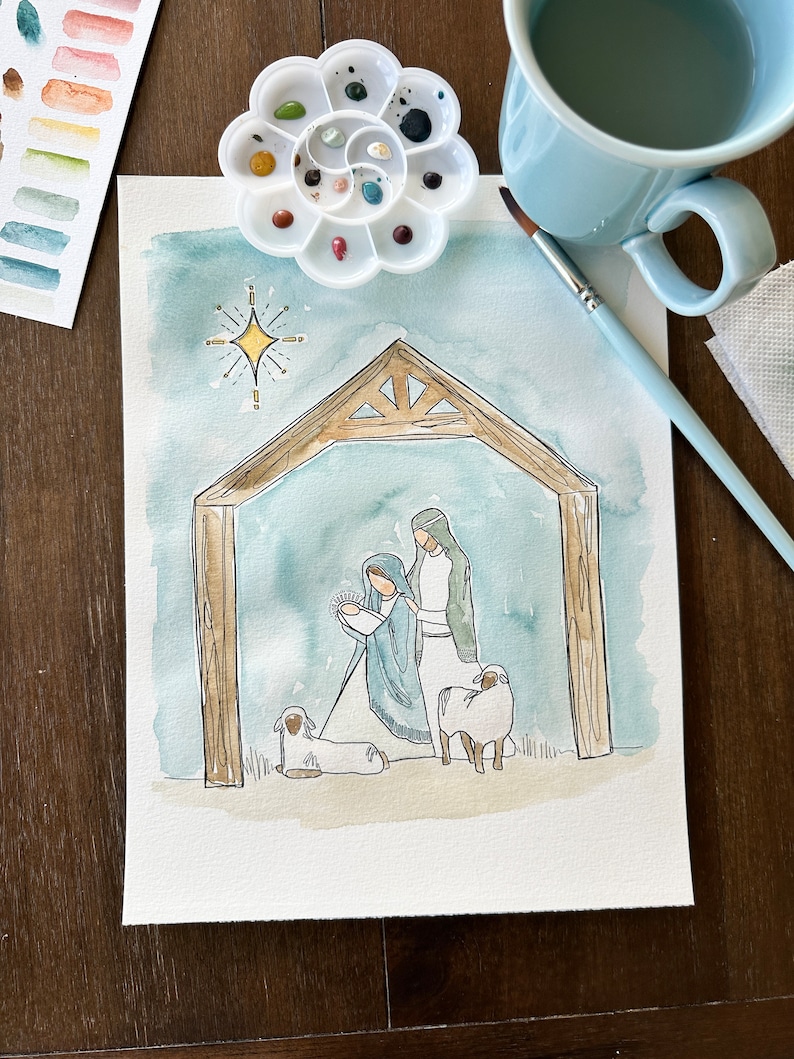 May include: Watercolor painting of the nativity scene with Mary, Joseph, and baby Jesus. The painting is set in a stable with a star above. There are two sheep in the foreground.