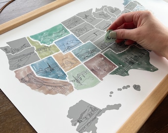 USA Scratch Off Travel Map | Watercolor Landmark Poster | Mother's Day Gift