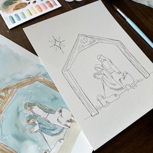 May include: Two illustrations of the nativity scene. The first illustration is a watercolor painting with a blue and brown color scheme. The second illustration is a black and white line drawing. Both illustrations depict Mary, Joseph, and baby Jesus in a stable with a star above them.