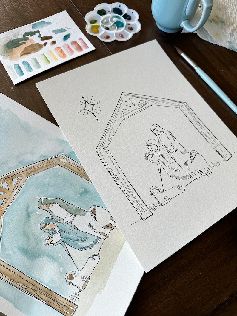May include: Two illustrations of the nativity scene. The first illustration is a watercolor painting with a blue and brown color scheme. The second illustration is a black and white line drawing. Both illustrations depict Mary, Joseph, and baby Jesus in a stable with a star above them.