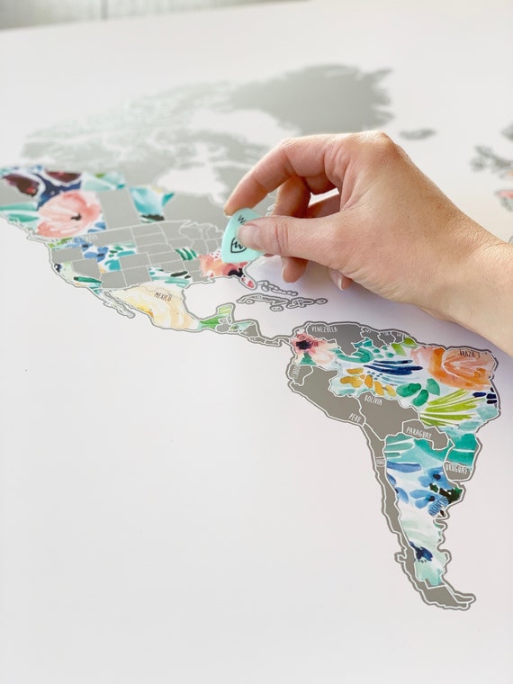 Silver and Floral World Scratch Off Map - Travel Map - Watercolor International Map - Wedding gift - Graduation Gift - Easter Gift Her